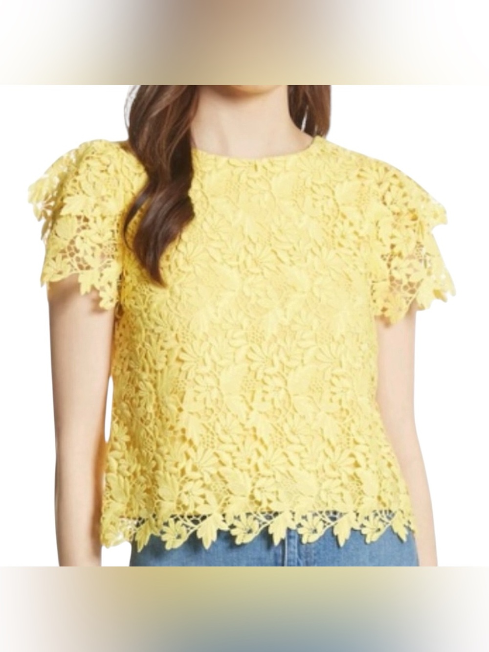 Alice + Olivia Franca Lace Flutter Sleeve Round Neck Exposed Back Zip Crop Top